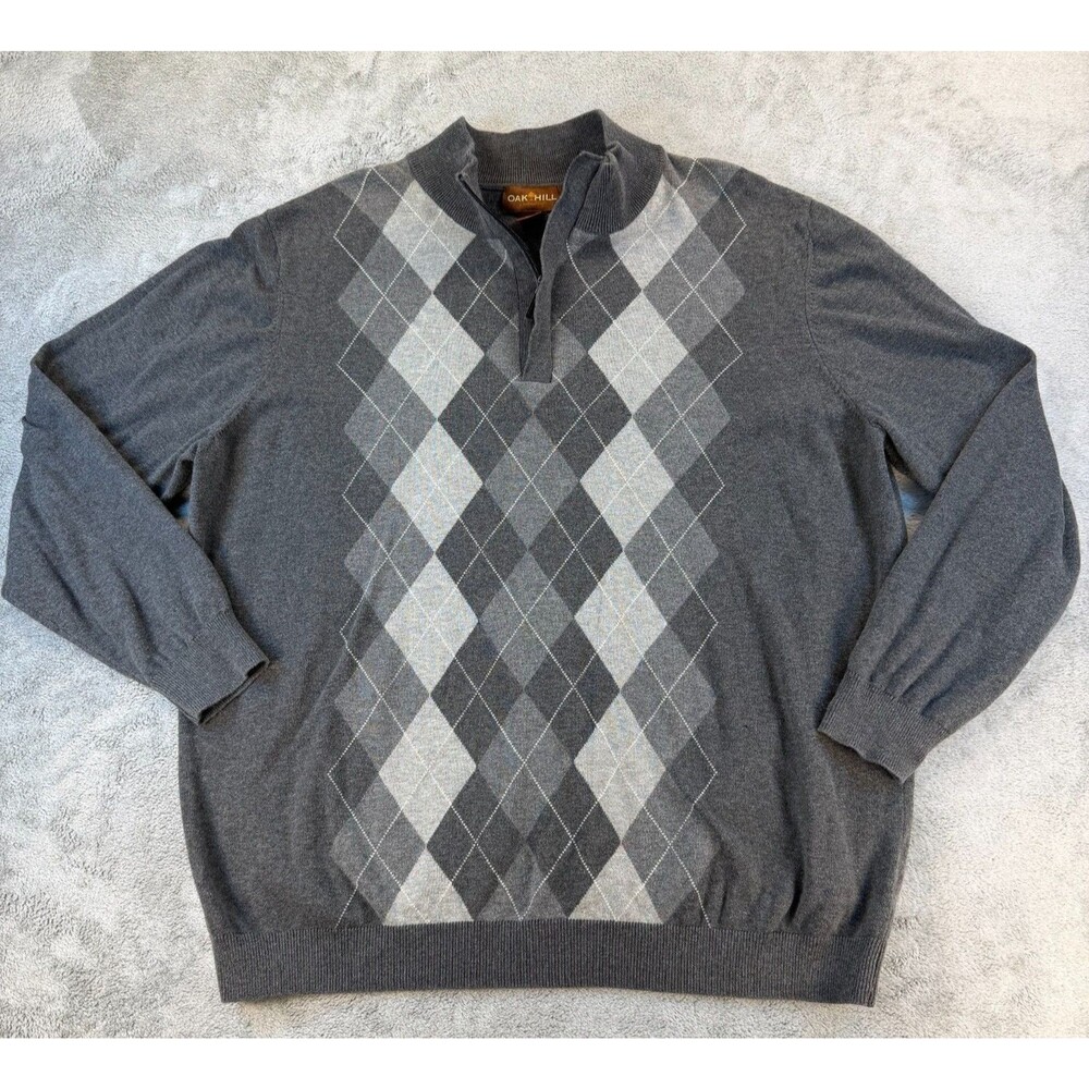 Oak Hill 1XLT Men’s Argyle Quarter Zip Sweater Gray Cotton Knit Big & Tall